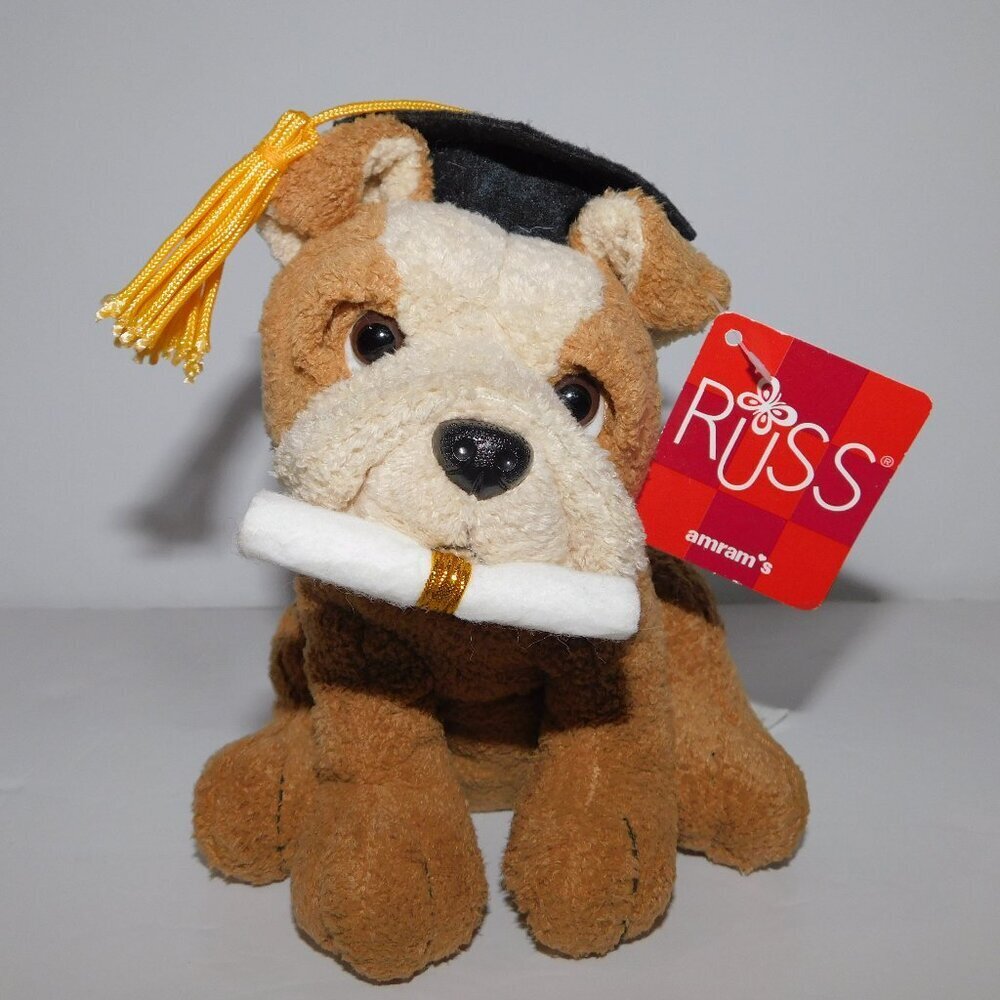 Russ Luv Pets Graduation Bullet Bulldog Tan Brown 7" Plush stuffed Cap Diploma